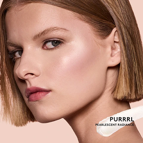 Image 2 - A woman with short brown hair and dewy skin, wearing pink lip gloss and subtle blush, looks to her left, with a pearlescent white product swatch in the bottom right corner that has the text PURRRL PEARLESCENT RADIANCE on it. Image 5 - A split image shows a womans face before and after a pearlescent product application, with the left side labeled BEFORE displaying natural skin texture and the right side labeled AFTER showing a luminous, radiant finish, with text PURRRL PEARLESCENT RADIANCE alongside a swatch of the shimmery product.