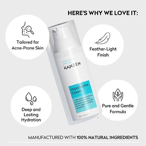 Image 1 - The image displays a white KANZEN HypoSoothe Cream pump bottle with a clear cap, surrounded by four circular icons, with visible text reading HERES WHY WE LOVE IT: Tailored for Acne-Prone Skin, Feather-Light Finish, Deep and Lasting Hydration, Pure and Gentle Formula, perfect skincare, perfect you, HypoSoothe Cream, A lightweight hypochlorous acid cream that calms, hydrates and protects the skin to support a healthy complexion, 50ml - 1.69 fl. oz. e., and MANUFACTURED WITH 100% NATURAL INGREDIENTS. Image 2 - The image displays a white Kanzen HypoSoothe Cream pump bottle with perfect skincare, perfect you, a lightweight hypochlorous acid cream that calms, hydrates and protects the skin to support a healthy complexion, and 50ml - 1.69 fl. oz. e printed on it, next to a blob of cream, accompanied by a list of Key Ingredients: Hypochlorous Acid, Niacinamide, Vitamin E, and a label indicating it is Suitable for all skin types. Image 3 - A white Kanzen HypoSoothe Cream bottle is shown alongside application instructions: AMOUNT TO APPLY A pea-sized amount, WHEN TO APPLY AM and PM. The bottle itself reads perfect skincare. perfect you. KANZEN HypoSoothe Cream, A lightweight hypochlorous acid cream that calms, hydrates and protects the skin to support a healthy complexion. 50ml - 1.69 fl. oz. e.