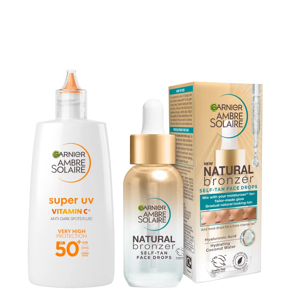 Garnier Glow and Protect Duo: Natural Bronzer Self-Tan Drops and Ambre Solaire Vitamin C Facial SPF50+ Fluid Image 1
