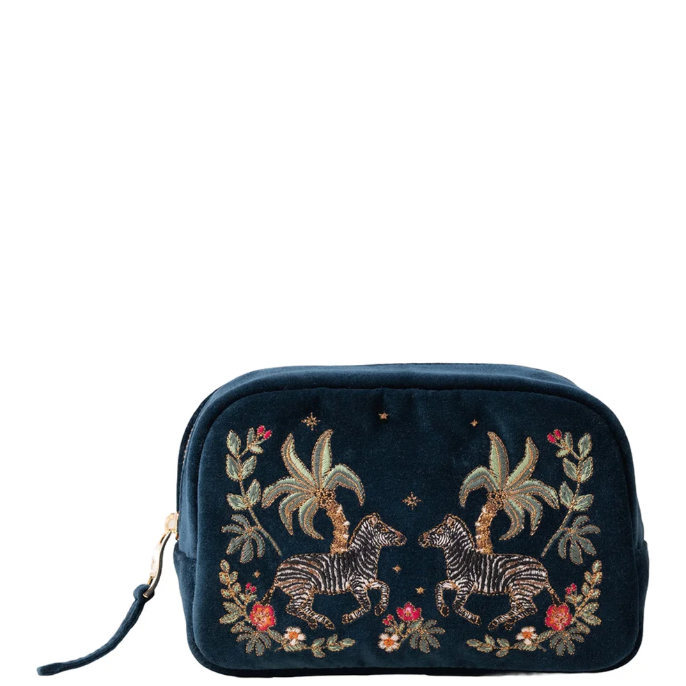 Elizabeth Scarlett Wild Zebra Palm Navy Velvet Makeup Bag Image 1