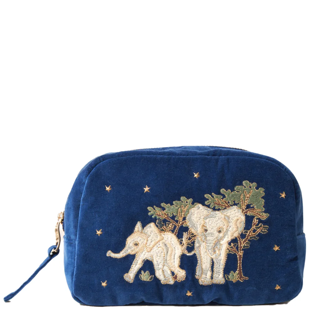 Elizabeth Scarlett Baby Elephant Conservation Navy Velvet Makeup Bag Image 1