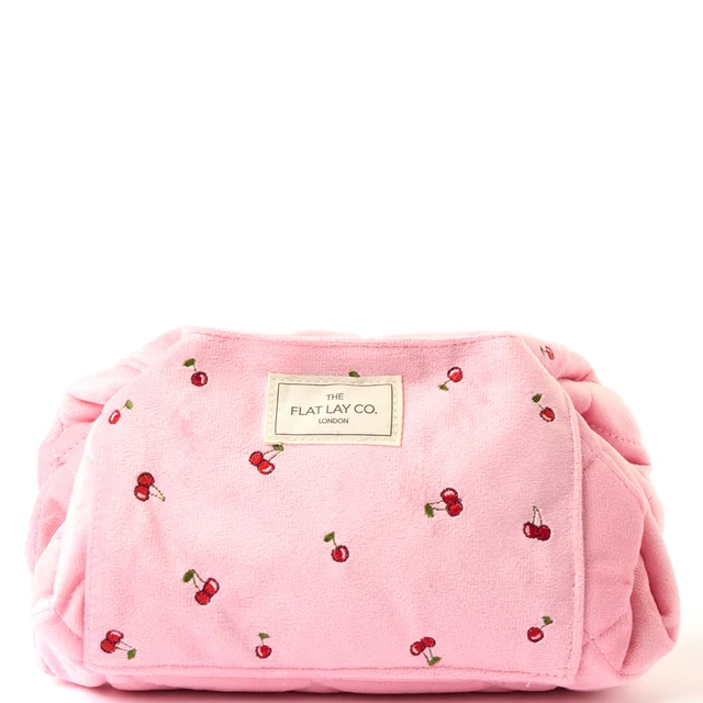 The Flat Lay Co. Drawstring Flat Lay Makeup Bag - Ditsy Cherries Pink Embroidered Velvet