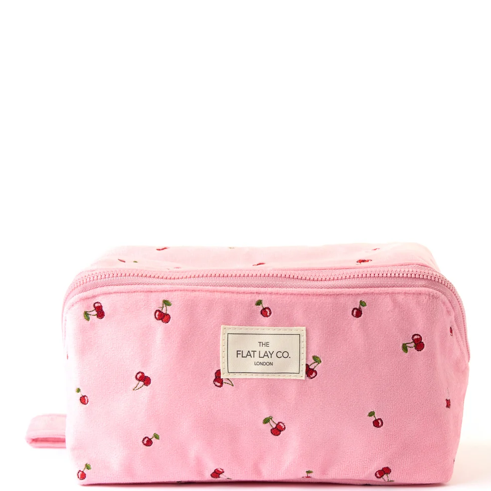 The Flat Lay Co. Flat Lay Makeup Box Bag - Ditsy Cherries Pink Embroidered Velvet Image 1