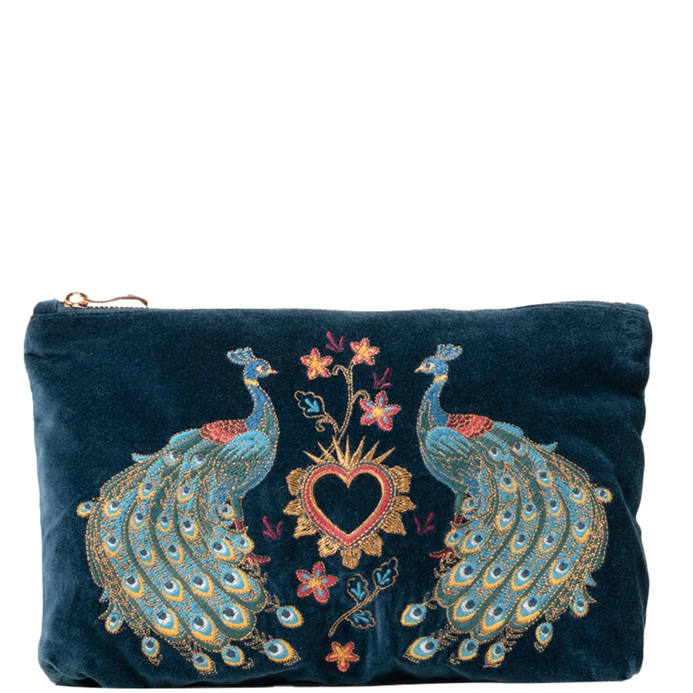 Elizabeth Scarlett Peacock Floral Ink Blue Velvet Everyday Pouch Image 1