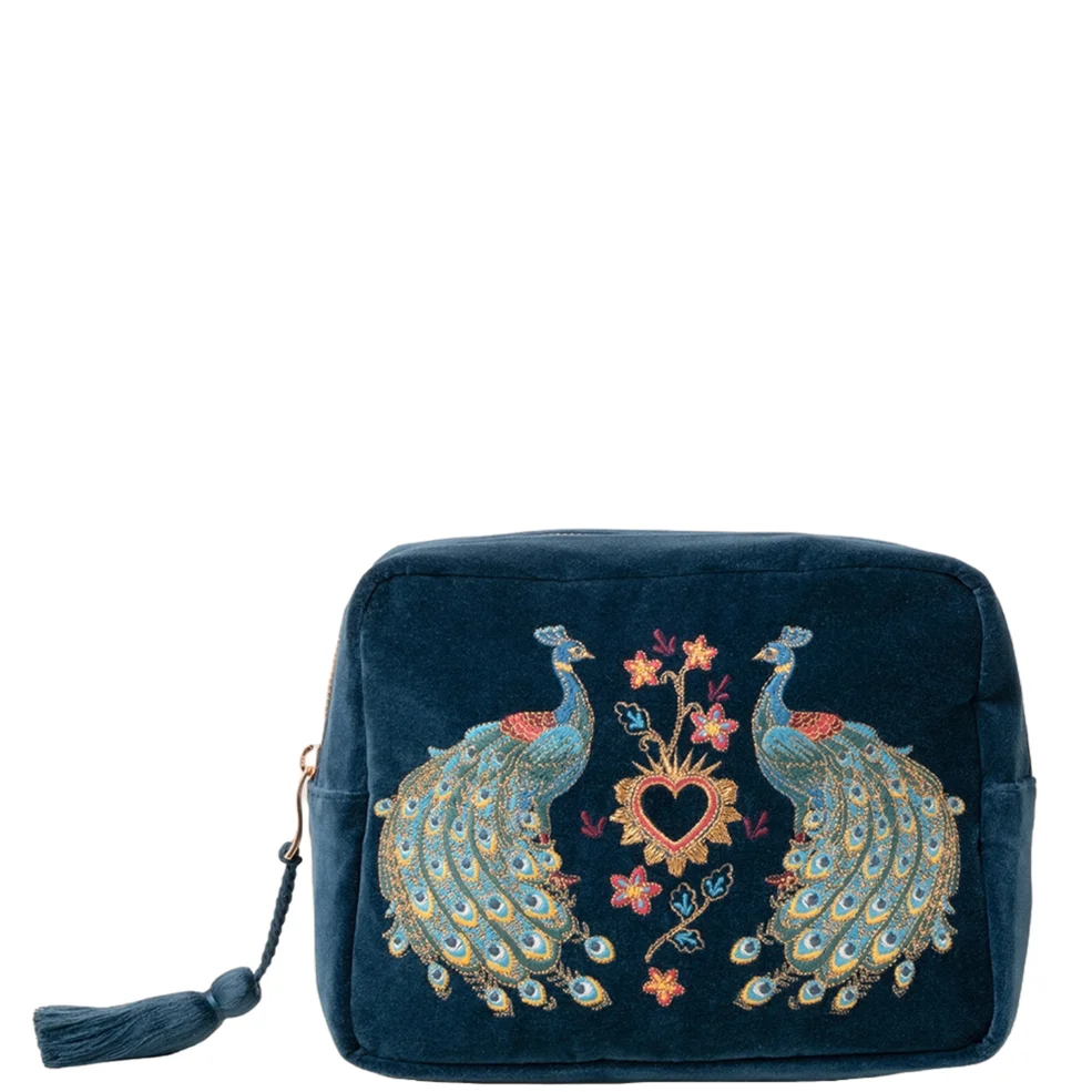 Elizabeth Scarlett Peacock Floral Ink Blue Velvet Wash Bag Image 1