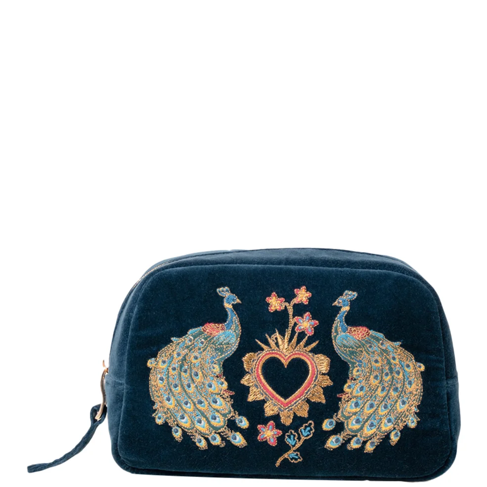 Elizabeth Scarlett Peacock Floral Ink Blue Velvet Makeup Bag Image 1