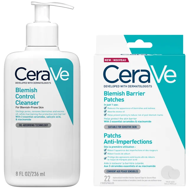 CeraVe Breakout SOS Routine: CeraVe Blemish Control Cleanser Face Wash + Blemish Barrier Patches Pack of 22